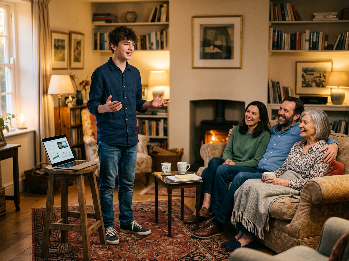 Scène illustrative : un adolescent présente son projet à sa famille