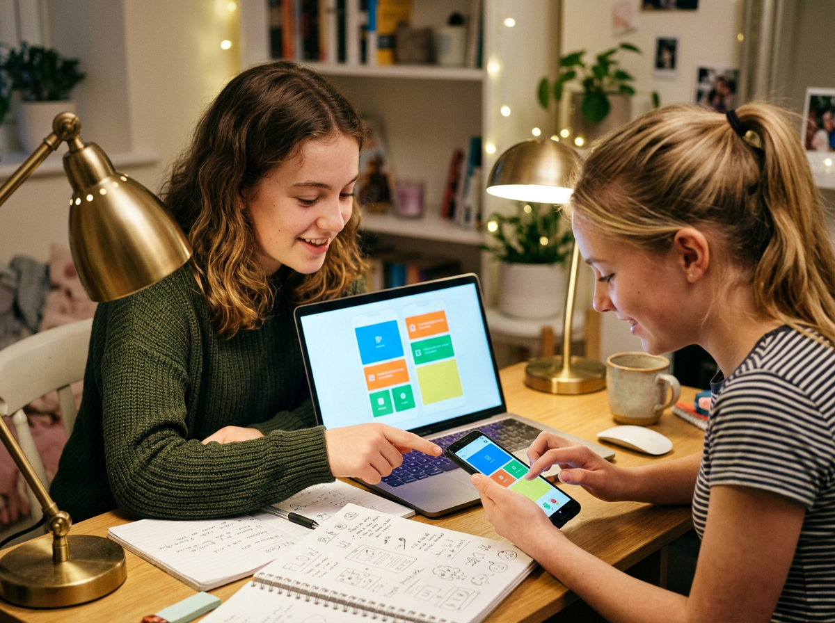 Scène illustrative : une jeune fait essayer son projet sur un téléphone
