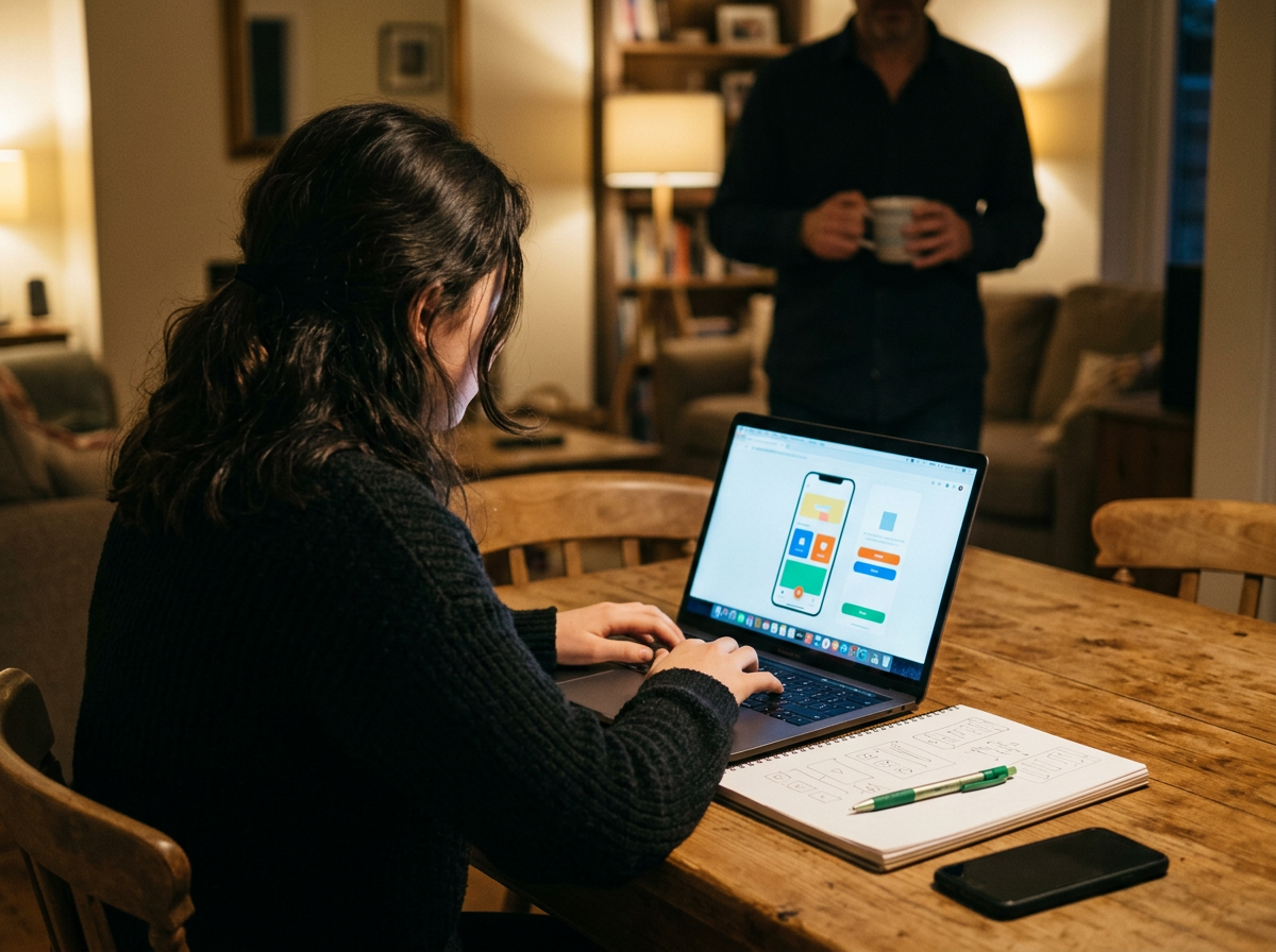 Scène illustrative : une adolescente construit son projet à la table familiale, avec un parent